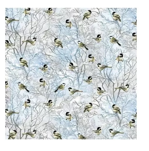 Christmas Fabric - Winter Chickadee & Branch Blue - Timeless Treasures YARD