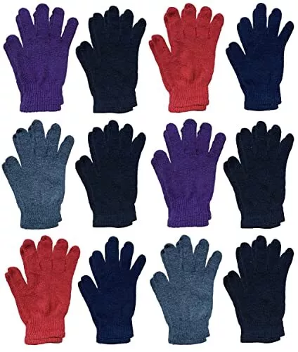 12 Pairs of Winter Thermal Knit Stretchy Fuzzy Unisex Gloves - Bulk Glove Colors