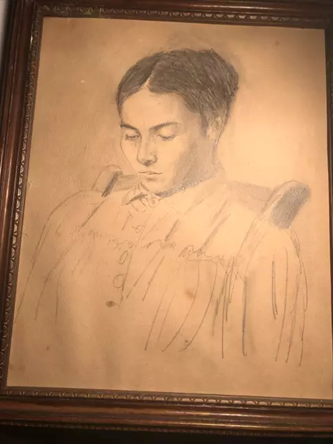 Antique Pencil Drawing Young Woman Portrait ~ Unsigned