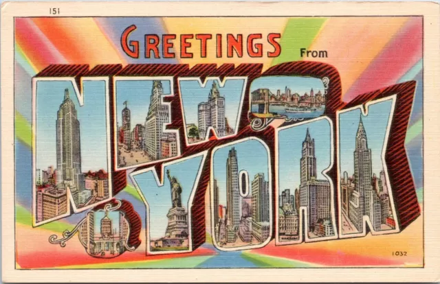 Large Letter Greetings from New York - Linen Postcard - Skyscrapers