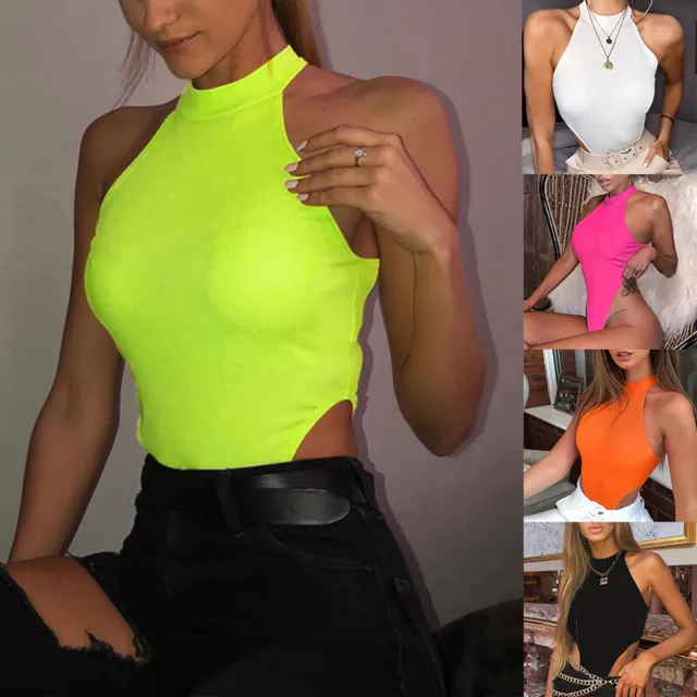 Sexy Womens Sleeveless Bodysuit Halter Neck Tank Tops Leotard High Cut Thong~