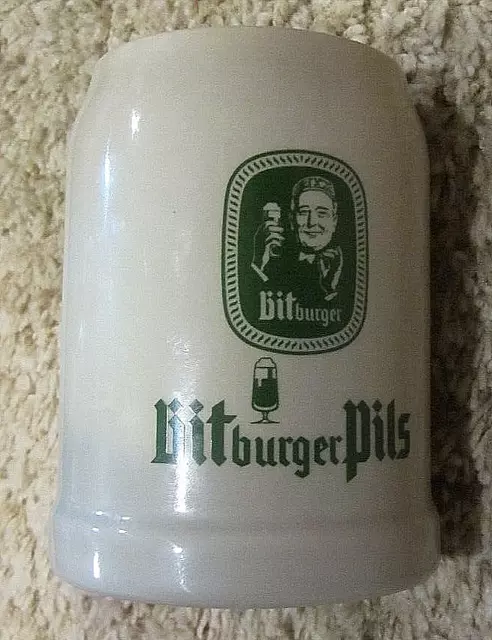 Bitburger Pils Stoneware Stein or Mug by Rastal, 0.5 Litre Volume, Green on Gray