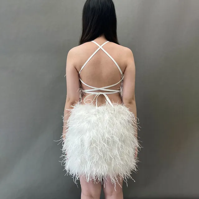 Lady Fashion Ostrich Feather Dress Sexy Backless Strap Mini Dress Fluffy Party