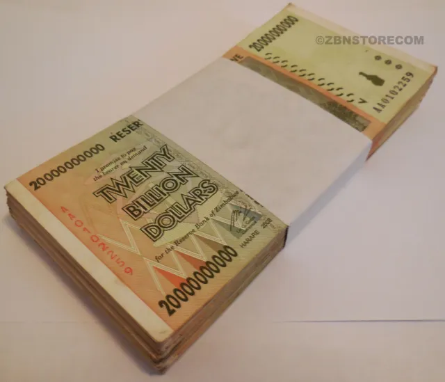 20 Billion Zimbabwe Dollars x 100 Banknotes ~ AA AB 2008 Bundle Currency 100PCS