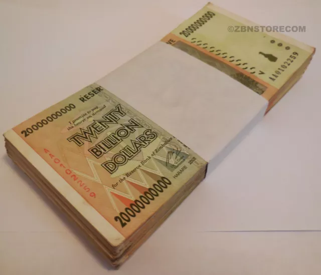 20 mil millones de dólares de Zimbabue x 100 billetes ~ paquete de moneda AA AB 2008 100 piezas
