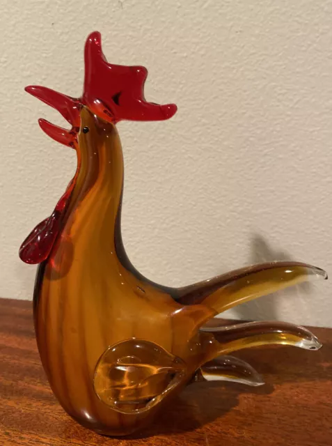 MURANO Art Glass Rooster w/cased Amber Red Glass Figurine Statue Paperweight 9”