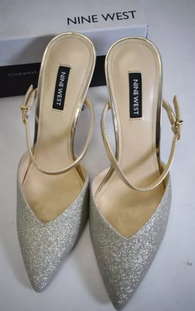 Nine West Womens Stiletto Tips Heel Mules  Platino Glitter Gold 710 Size 8 M