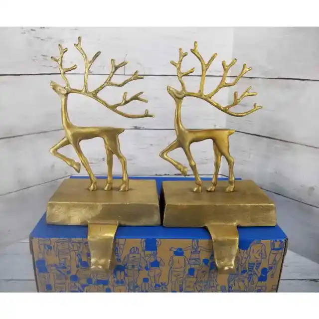 Pair Pottery Barn Merry Reindeer 10" Stocking Holders Christmas Deer Decor