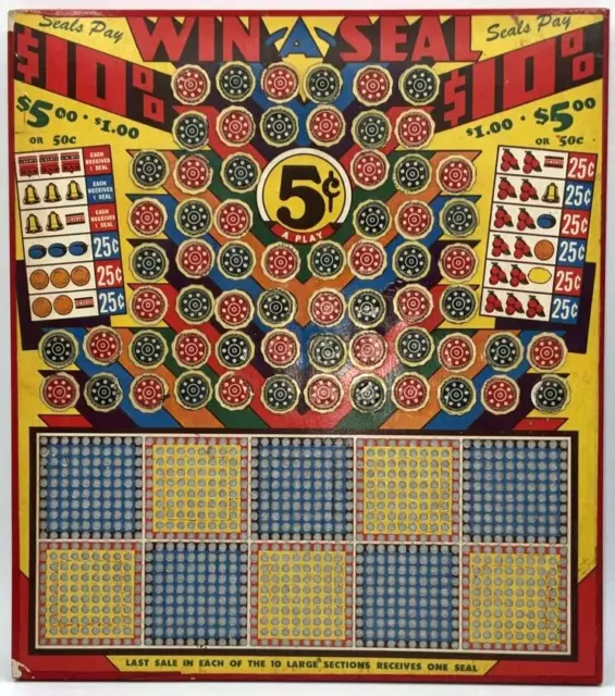 Vintage MCM Win A Seal Gambling Punchboard 5 Cents Unpunched Casino Man Cave