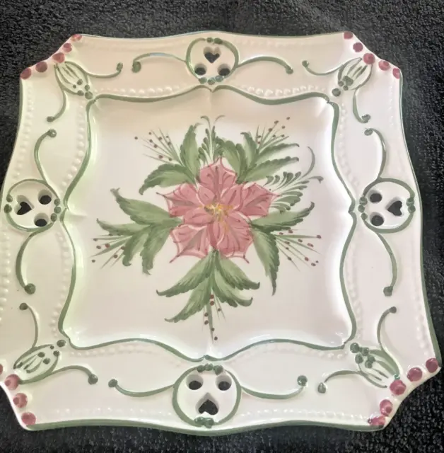 Vtg.RCCL Pottery Hand Painted Green/Red Floral Reticulated Square Plate,Portugal