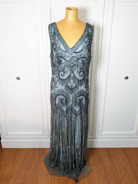 Pisarro Nights Sequined Beaded Mesh Overlay Evening Gown Cocktail Dress Sz 12