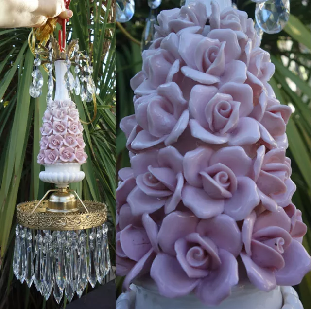 1o2 Vintage porcelain Pink barbola Rose Brass chandelier Swag lamp crystal prism