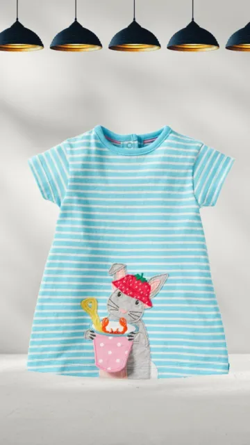 Ex Baby Boden Bunny Applique Stripe T-Shirt Dress in Light Blue (A Bit Defect)