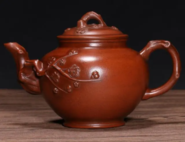 6.9" Chinese Yixing Zisha Pottery Plain Cement Clay 480CC Plum Blossom Teapot