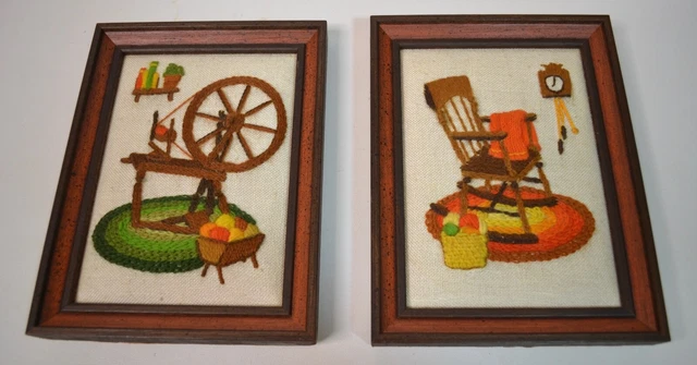 "Juego de 2 Crewel Bordado Enmarcado Arte Agujas Años 70 BOHO Hippie 8"" X 6"