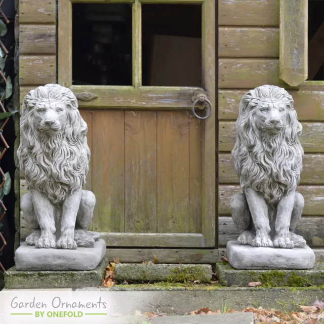 Large Lion Pair Detailed Hand Cast Stone Outdoor Garden Ornament Statue Stunning