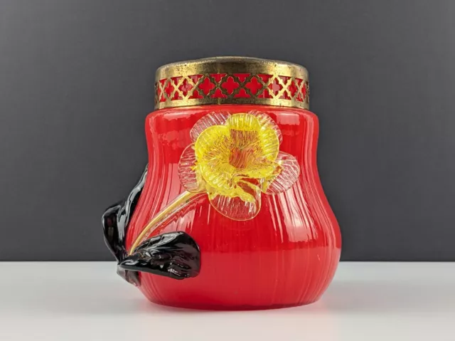 Bohemian Red Tango Glass Ribbed Flower Posy, Applied Yellow Flower Black Leaves