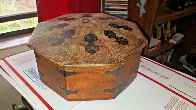 Vintage Wooden Octagonal Storage Chest Box Original Old Hand Crafted India 12"