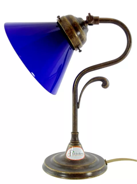 Lampada ottone brunito stile ministeriale per tavoli,comodini vetro blu lmi6