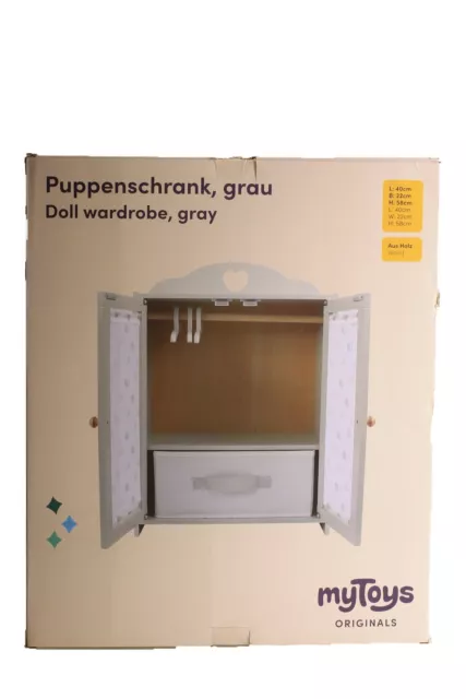 myToys Puppenschrank mit Kleiderbügel und Korb grau Holz