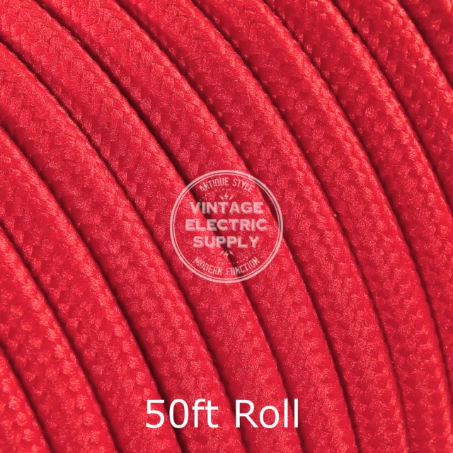 Red Round Cloth Covered Electrical Wire - Braided Rayon Fabric Wire - 50ft