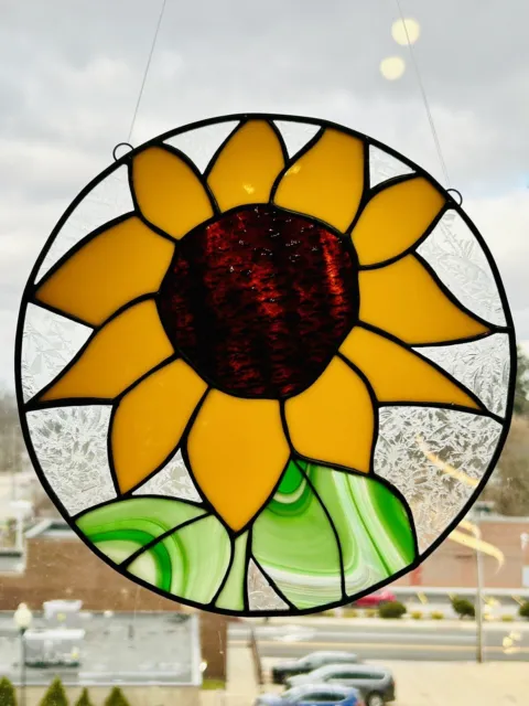 Stained Glass Sunflower Round Window Panel Handcrafted USA