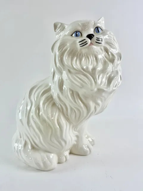 Vintage Handpainted White Persian Cat Ceramic Statue Figurine 14” Blue Eye