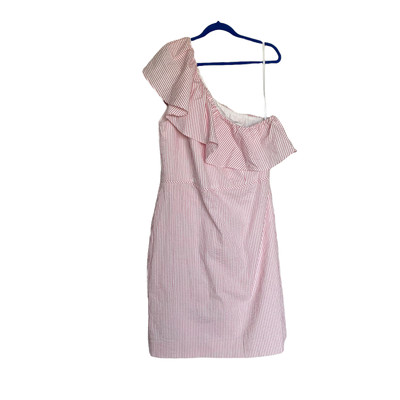 J. Crew -Women's- Pink and White Striped One Shoulder Ruffle Mini Dress (Size 8)