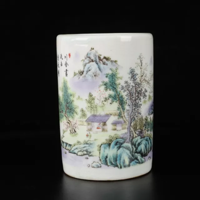 Exquisite china Famile-rose Porcelain Brush pot painting landscape scenery