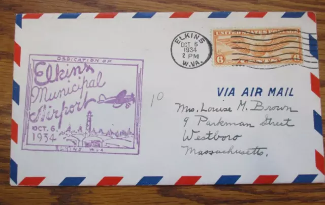 AIR MAIL CACHET 1934 "DEDICATION ELKINS MUNI AIRPORT  ELKINS, W. VIRGINA See Pic