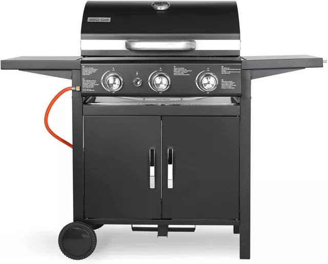 Gasgrill BBQ Grillwagen mit 3 Brennern Schrank Grill Multifunktion MetallSchwarz