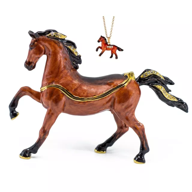 Bejeweled Enameled Pewter Arabian Stallion Horse Trinket Box With Necklace New!