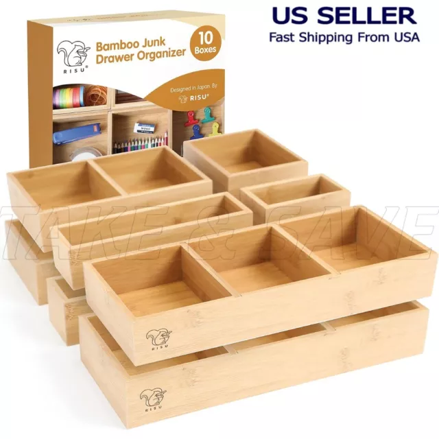 Set of 10 - Bamboo Junk Drawer Organizer - Storage Boxes Trays for Office Home