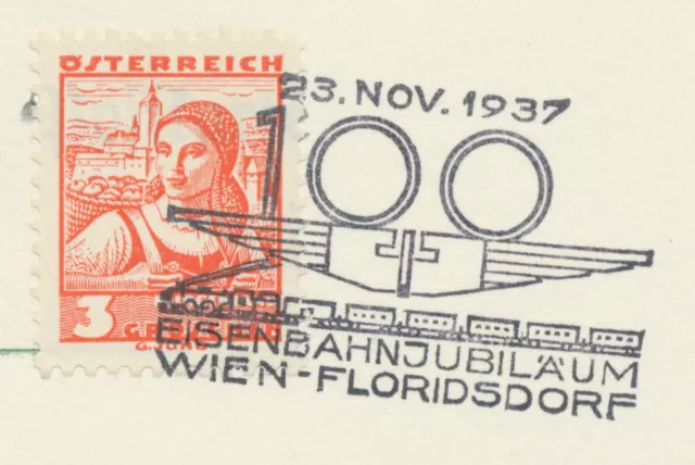 Österreich Sonderstempel 23.Nov.1937 100 Eisenbahnjubiläum Wien – Floridsdorf