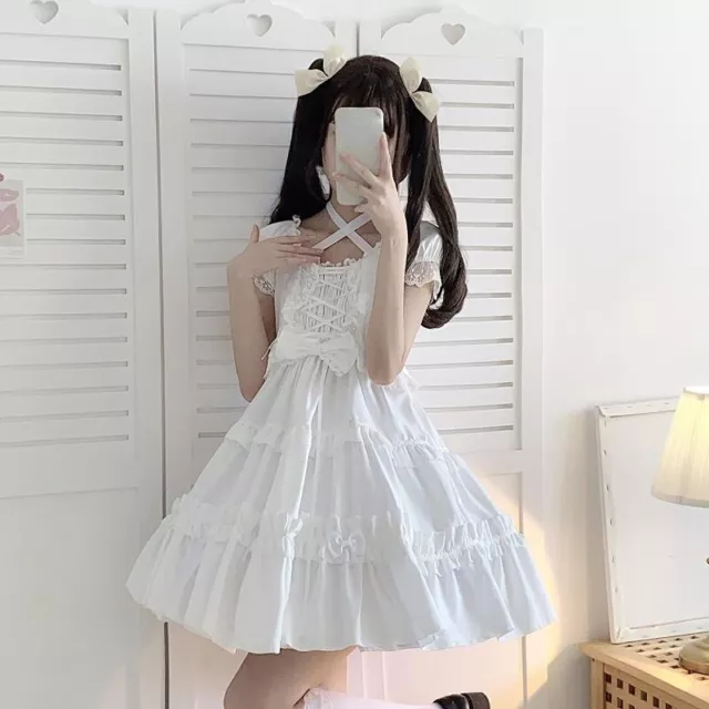 Donna Ragazza Abito Lolita Corto a Balze Puff Maniche Fascia Gotico Dolce Carino 5