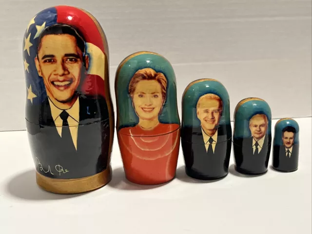 Hand Crafted & hand painted Obama Hilary Clinton Political Nesting Dolls Signed