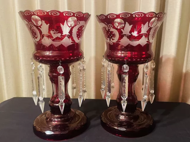 2 Pc Egermann Ruby Red Bohemian Glass Mantle Lusters Cut To Clear