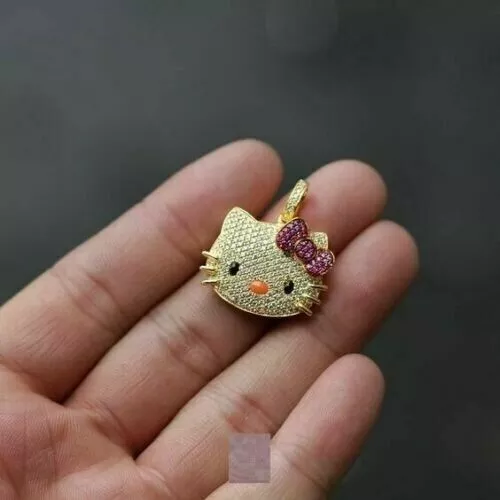 14K Yellow Gold Finish1.00Ct Round Cut Ruby & Diamond Fully Hello Kitty Pendant