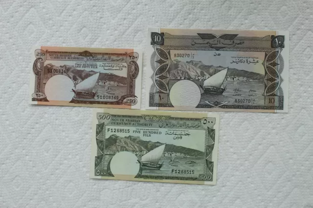 Yemen Banknotes 250 Fils 1965, 500 Fils 1965, 10 Dinars 1984 (all crisp)