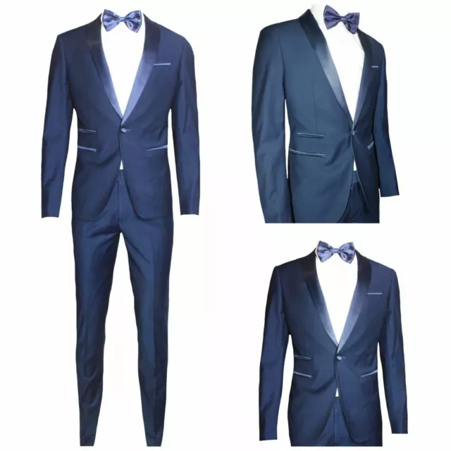 Smoking uomo blu abito viscosa/raso taglio SLIM elegante giacca pantalone 44/60