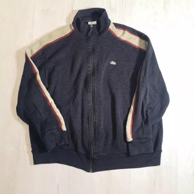 Lacoste full zip sports track jacket fleece navy with striped sleeve size 6 / XL
