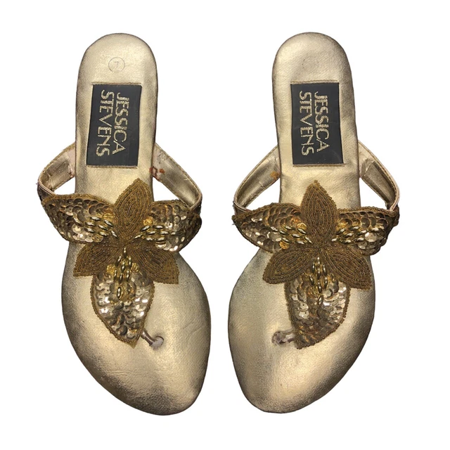 Y2K Jessica Stevens Women's 7 Gold Wedge Sandal Shoe Beaded Sequin