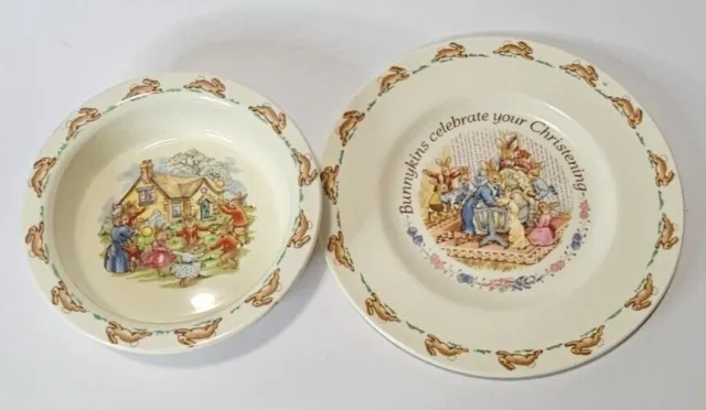 Vtg Royal Doulton BUNNYKINS English Fine Bone China Bowl (1936) & Plate (1993)