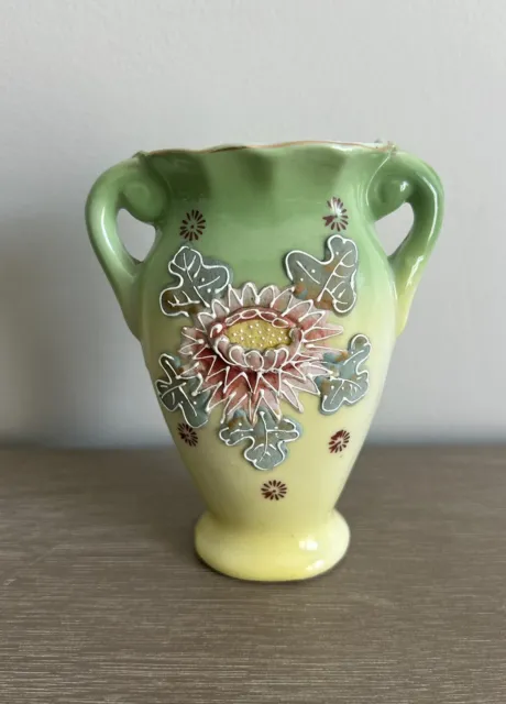 Occupied Japan 1940’s 4.3” Mini Vase Double Handled Floral Raised Design