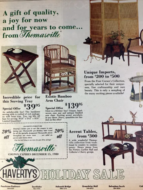 Atlanta GA Print Ad 1980 AJC Haverty’s Furniture Thomasville NC Coupon