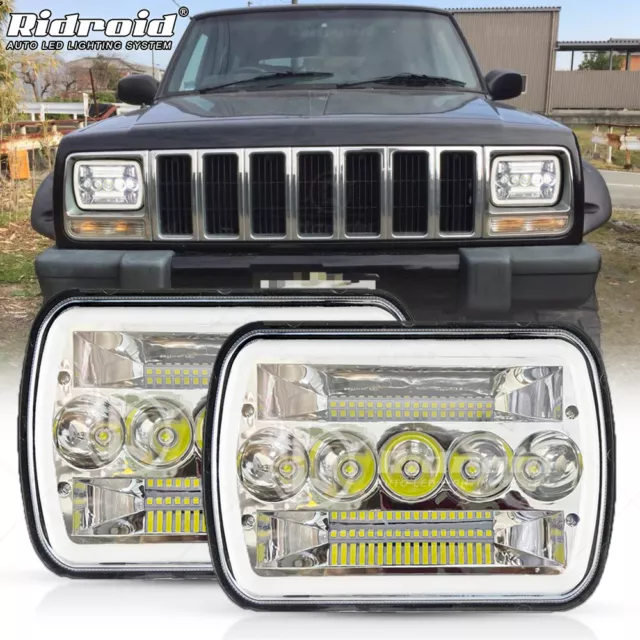 Pair 5x7'' 7x6'' LED Headlight Hi-Lo Beam Halo DRL fit For Jeep Cherokee XJ YJ