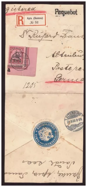 Samoa Minr. 15 ° Apia 25.1.09 ½ Brief mit ° Paquebot, R- Zettel, Siegeloblate