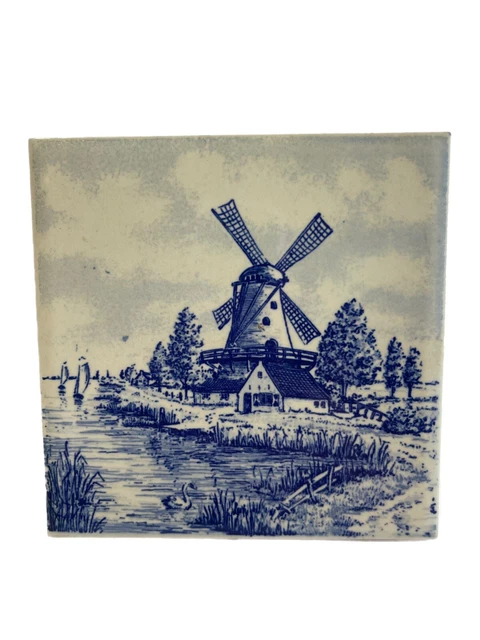 Vintage Delft Blue 4”x4” Hanging Tile Windmill  Blue White Holland Netherlands