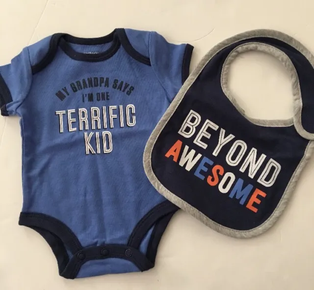 Carters Baby Boy Bodysuit Bib Set Size Newborn 3 Months Blue Layette Grandpa