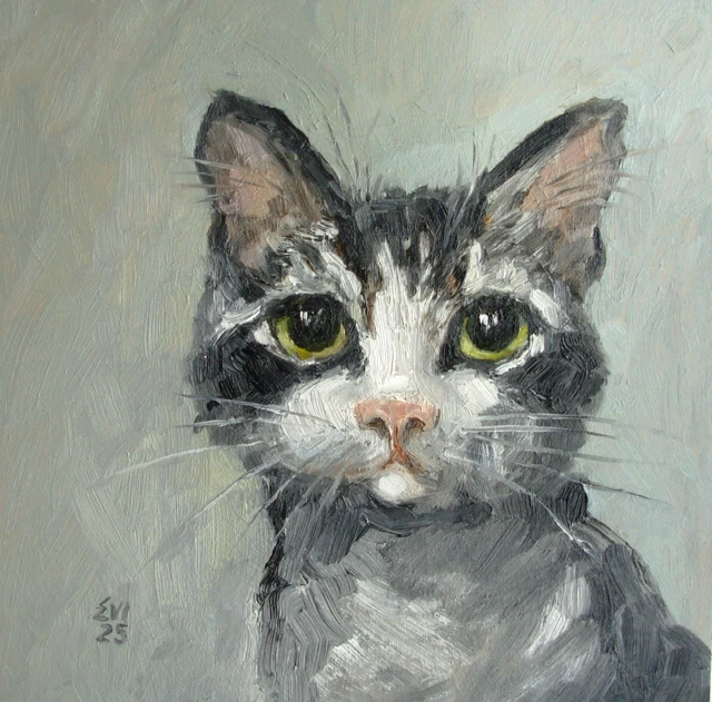 BLACK AND WHITE Cat Original Oil Painting Wall art Canvas board 10x10 ...